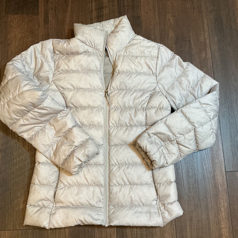 Eddie Bauer 650 Down Puffer Jacket Beige Quilted Full Zip Women XS Lightweight
